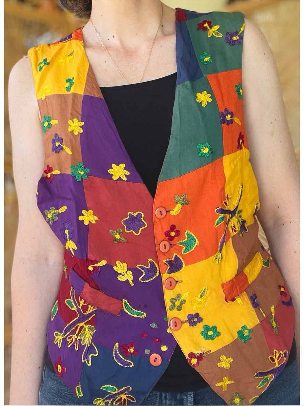 Vintage Hype Bright Colorful Hippie Flower Blossom Embroidered Patchwork Vest